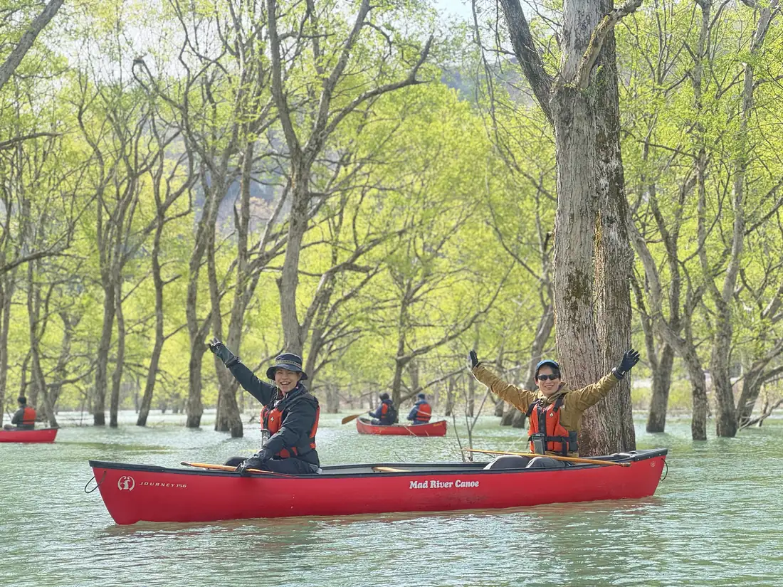 Two paddlers in a red Canadian canoe spread their arms wide among the flooded trees in spring sunshine