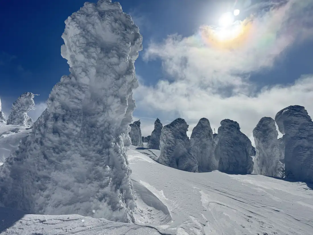 Snow monsters — fir trees encased in ice — under a blue sky on Mount Zao